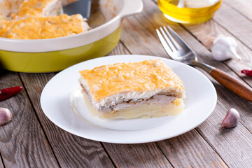 European cuisine. Meat in French with fried potatoes