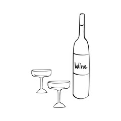 Doodle illustration A bottle of wine and two glasses. Use for design paper, postcards, poster, sticker, banner.