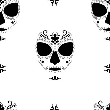 Death image of Santa Muerte. Seamless pattern for fashion prints, fabrics, wallpapers, wrapping paper, bedding. Modern pagan cult in Mexico. 