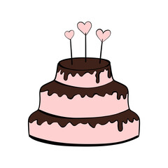 Cute doodle illustration of a chocolate cake with hearts. Postcard Happy Valentine's Day. Drawn by hand. Use for paper design, postcards, poster, sticker, banner, typography.