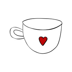 Contour of a cup with a red heart, doodle illustration drawn in vector. Use for paper design, postcards, poster, sticker, banner, typography.