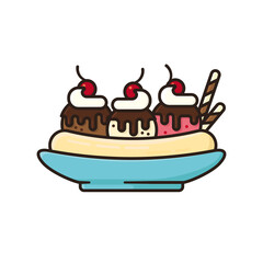 Banana split ice cream bowl isolated vector illustration for Banana Split Day on August 25.