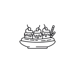 Banana split ice cream bowl vector line icon