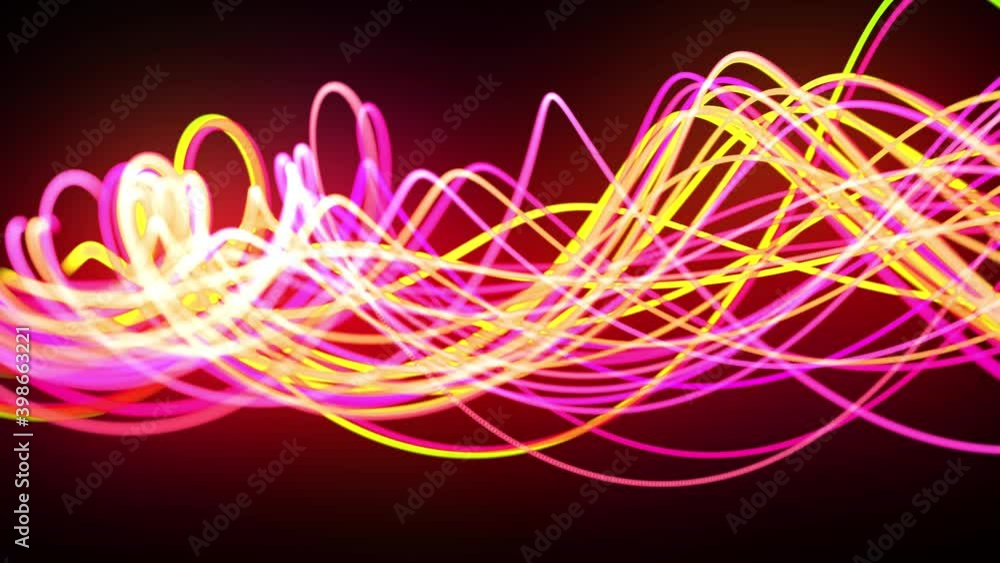 Poster light flow bg in 4k. abstract looped background with light trails, stream of green red yellow neon l
