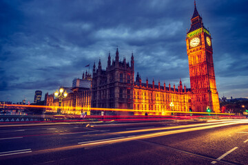 Fototapeta premium Big Ben and Westminster seen from the street at dusk. England 