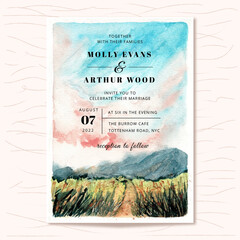 wedding invitation with mountain landscape watercolor