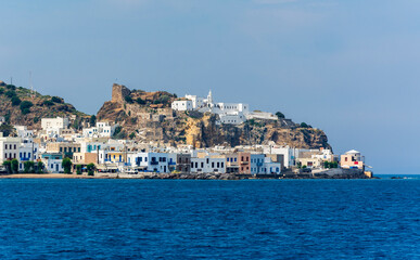 Mandraki Viilage and Panagia Spiliani monastery view from sea in Nisyros Island