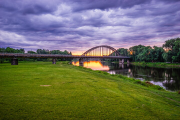 Old railway bridge at sunset in Gorzow Wielkopolski, Poland