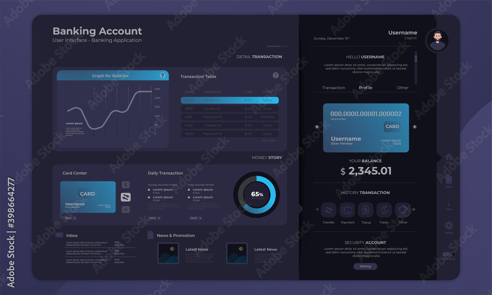 Wall mural banking account dashboard admin panel interface with dark mode concept