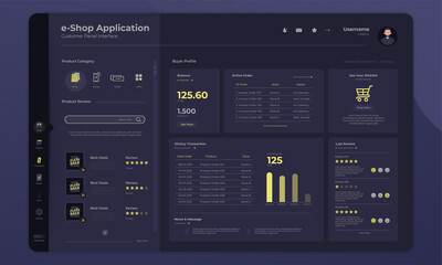 Fototapeta premium Online shopping application on dashboard buyer panel interface with dark mode concept