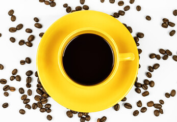 Black coffee in a yellow cup on a white background