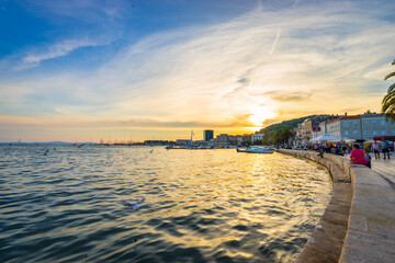 Sunset near promenade Riva in Split, Croatia
