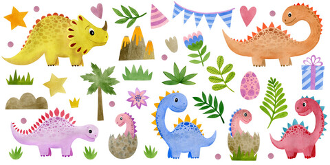 Set of painted watercolor dinosaurs, palm, heart, stars, flags, gift, flower, branches, elements isolated on a white background. Stickers. © KiraKonoshenko