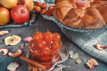 Freshly baked Apple pie with apples and homemade jam made from small apples. jam made at home