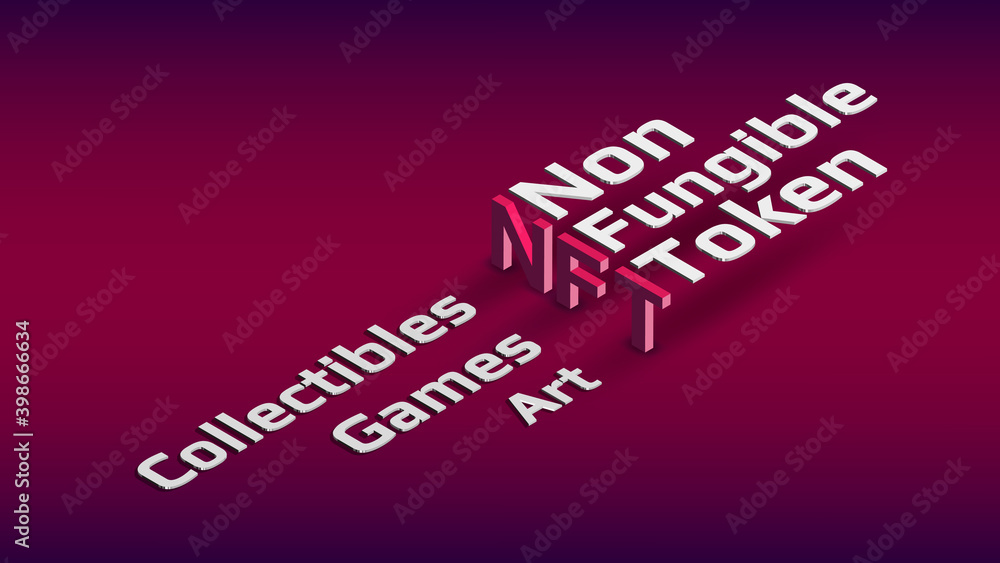 Sticker nft nonfungible token isometric text on dark red background. new class of coins. pay for unique coll