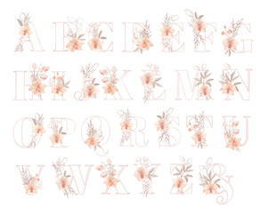 Hand drawn collection of the alphabet letters with watercolor flowers. Floral monogram initials perfectly for wedding invitation, greeting card, logo, poster. 