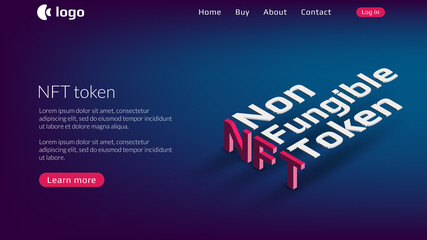 NFT nonfungible token website template with isometric text on blue background. New class of coins. Pay for unique collectibles in games or art. Vector illustration. - obrazy, fototapety, plakaty