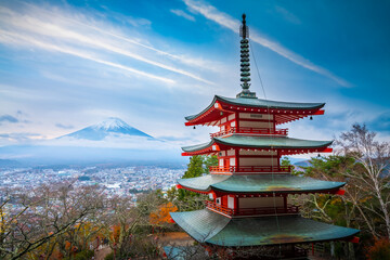 Landmark of japan Chureito red Pagoda and Mt. Fuji in Fujiyoshida