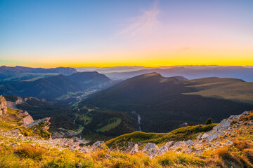 Dolomites peak at sunset seen from Seceda peak. South Tyrol Italy