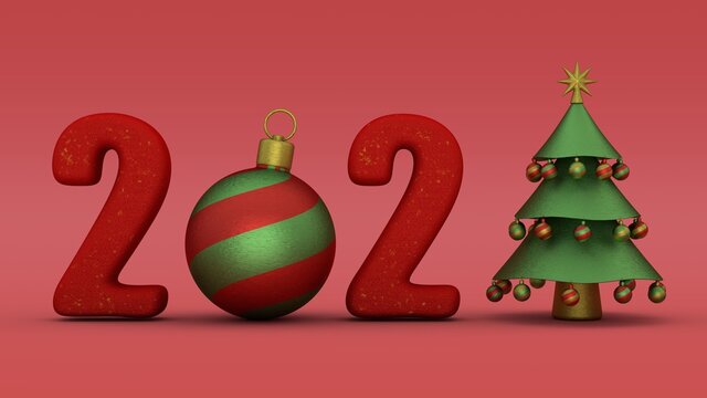 3D rendering of the holiday background, Christmas tree and new year's date 2021. A Christmas toy and a Christmas tree replace numbers. 3D illustration for calendars and new year screensavers. - Powered by Adobe