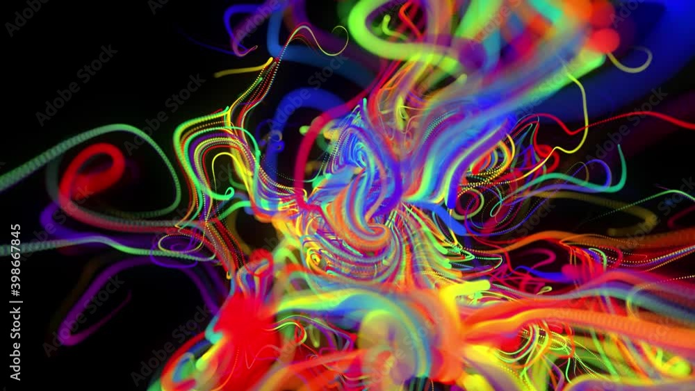Poster abstract looped background with flow of glow multicolor lines or light streaks. running lights parti