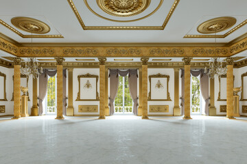 The ballroom and restaurant in classic style. 3D render. 3d image - obrazy, fototapety, plakaty