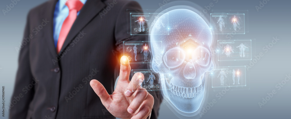 Poster Man using digital x-ray skull holographic scan projection 3D rendering