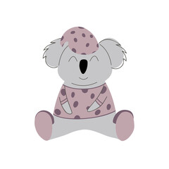 Cute koala in pink pajamas, vector children's colorful illustration in cartoon hand drawn style for printing on baby clothes, interior design, packaging, stickers. Isolated on white