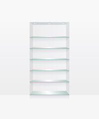 Empty glass shelves on white wall