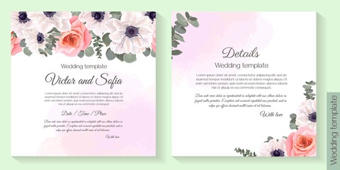 Fototapeta na wymiar Floral template for wedding invitation. Watercolor background, white anemones, roses, eucalyptus.
