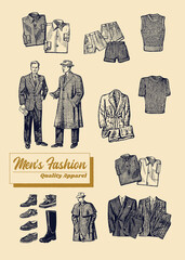 Men's Clothing Quality Apparel  illustration set, retro fashion for men engraved. - 398671428