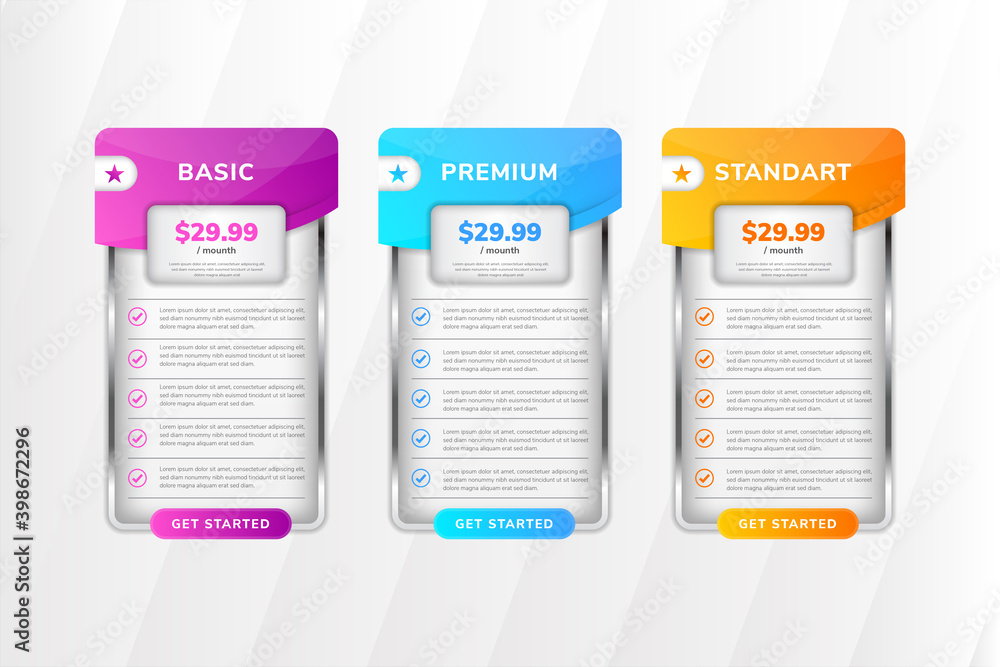 Poster collection of pricing plans for websites and applications. hosting table banner. vertical layout wit
