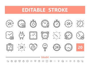 Timer 20 line icons. Vector illustration in line style. Editable Stroke, 64x64, 256x256, Pixel Perfect.