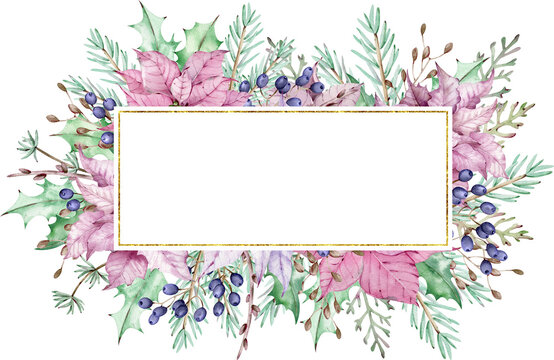 Watercolor Christmas poinsettia, pine branches and blue berries frame. New Year's template with a golden line.