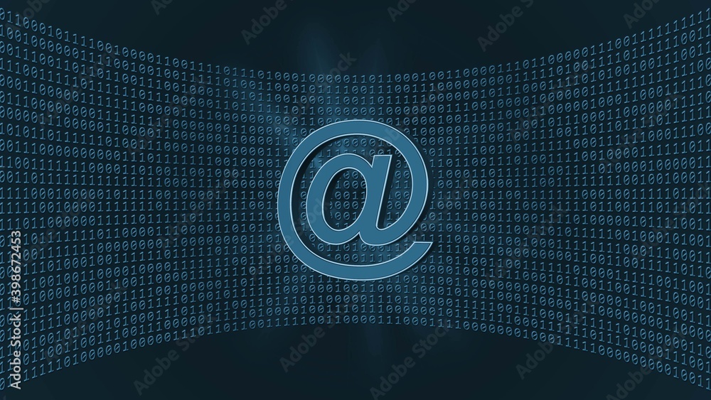 Aufkleber abstract data flow background - at sign in front of a virtual studio wall of binary code in dark blu