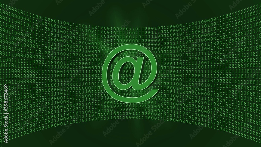 Aufkleber abstract data flow background - at sign in front of a virtual studio wall of binary code in dark gre
