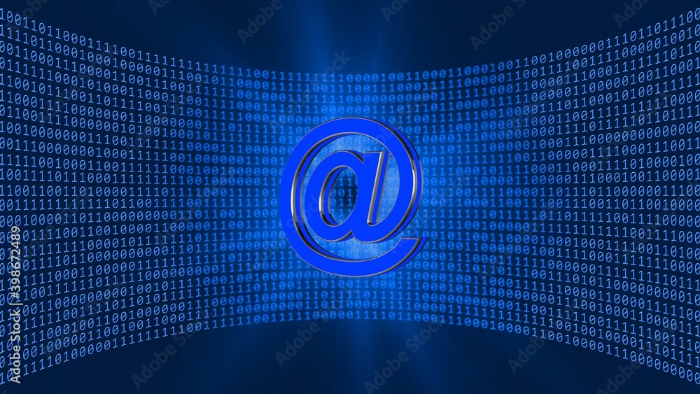 Poster abstract data flow background - at sign with blurred light effects in front of a virtual studio wall