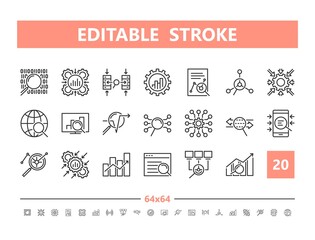 Data analysis 20 line icons. Vector illustration in line style. Editable Stroke, 64x64, 256x256, Pixel Perfect.