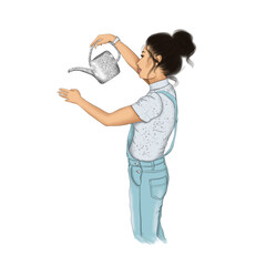 Brunette Girl With Watering Can For Flowers Isolated On A White Background Hand Drawn Illustration   © Tanya Kart