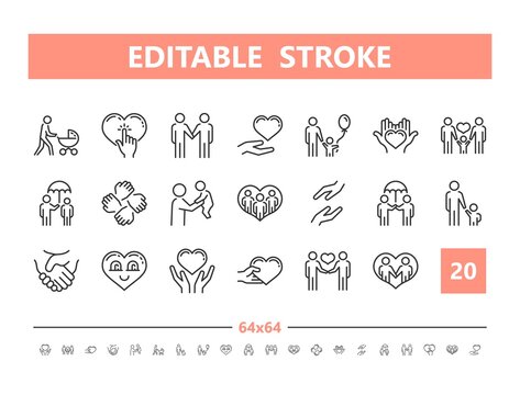 Care and attention 20 line icons. Vector illustration in line style. Editable Stroke, 64x64, 256x256, Pixel Perfect.