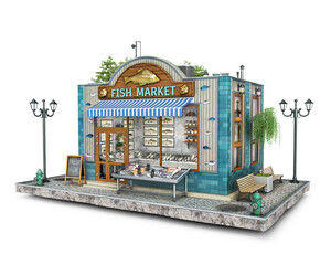 A small fish market building on a piece of ground, 3d illustraton