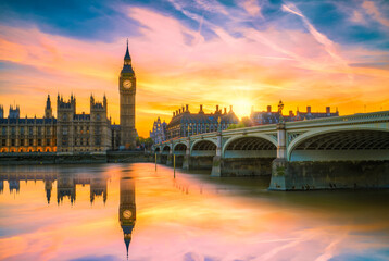 Big Ben at sunset with reflection in London. England