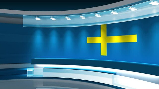 TV studio. loop animation. Sweden flag studio. Sweden flag background. News studio. 3d render. 3d