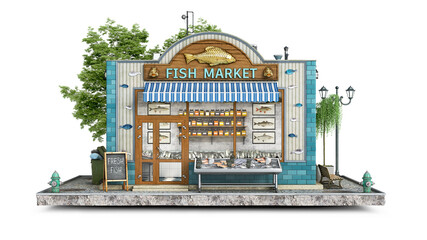 Front view on a small fish market building on a piece of ground, 3d illustration