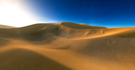 Beautiful sand dunes. Desert landscape with sun. Desert landscape panorama. sunset or sunrise over the sands, 3D rendering