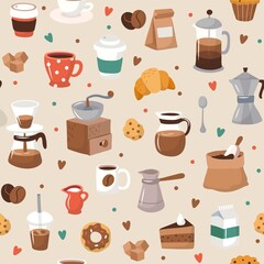 Cute coffee elements, seamless pattern, vector illustration in flat style