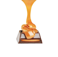 chocolate candy poured with caramel on a white background