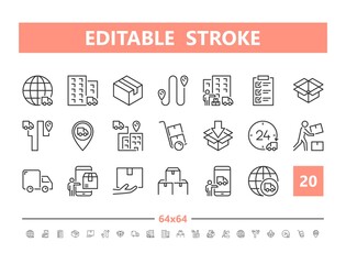 Delivery 20 line icons. Vector illustration in line style. Editable Stroke, 64x64, 256x256, Pixel Perfect.