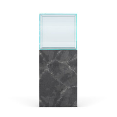 glass showcase cube on high dark marble pedestal in frontal projection vector illustration