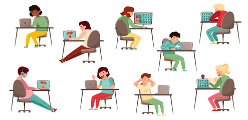 Secondary School Student Sitting at Desk in Front of Laptop Vector Set